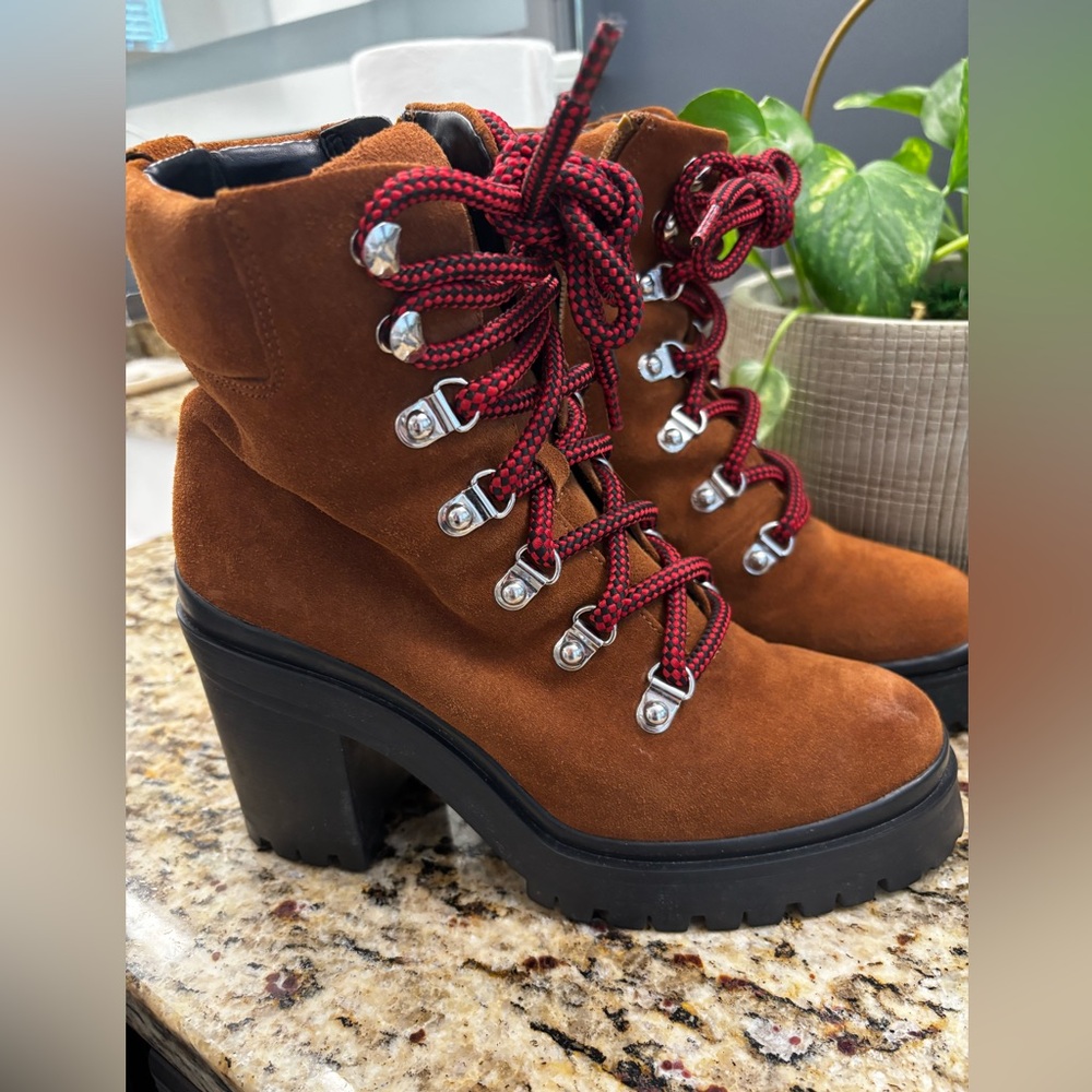 Badgley Mischka Brown Lace-Up Boots with Red Accents
